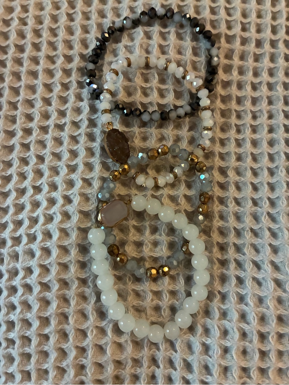 Stacked White and Gold Beaded and Stone Bracelet Set